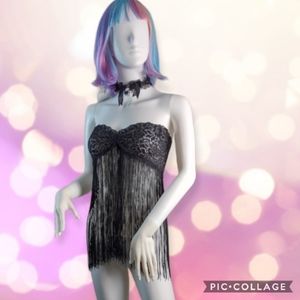 Elegant moments black bandero babydoll with fringe tassels and matching thong
